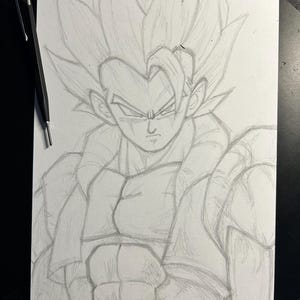 May include: Pencil sketch of a muscular anime character with spiky hair, a stern expression, and detailed shading. A black and silver mechanical pencil rests on the upper left corner of the paper.