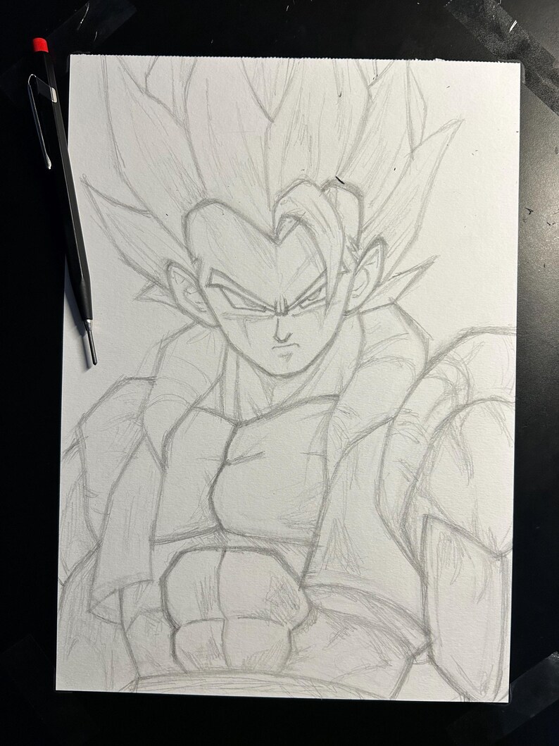 May include: Pencil sketch of a muscular anime character with spiky hair, a stern expression, and detailed shading. A black and silver mechanical pencil rests on the upper left corner of the paper.