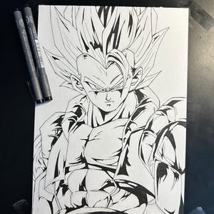 May include: Black and white illustration of a muscular anime character with spiky hair. The artwork is detailed with bold lines and shading, and is drawn on a white canvas. Two gray markers are placed on the left side of the canvas.