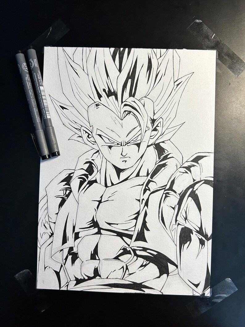 May include: Black and white illustration of a muscular anime character with spiky hair. The artwork is detailed with bold lines and shading, and is drawn on a white canvas. Two gray markers are placed on the left side of the canvas.