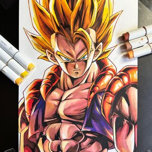 May include: A vibrant illustration of a character with spiky yellow hair and intense blue eyes. The artwork features bold lines and shading, with a focus on the character's muscular physique and determined expression. The color palette includes shades of orange, red, and purple.