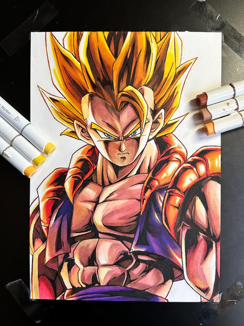 May include: A vibrant illustration of a character with spiky yellow hair and intense blue eyes. The artwork features bold lines and shading, with a focus on the character's muscular physique and determined expression. The color palette includes shades of orange, red, and purple.