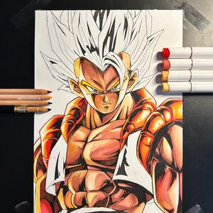 May include: A detailed illustration of a muscular character with spiky white hair and intense yellow eyes. The artwork features bold lines and vibrant colors, with orange and red accents on the character's arms and clothing. Colored pencils and markers are visible.