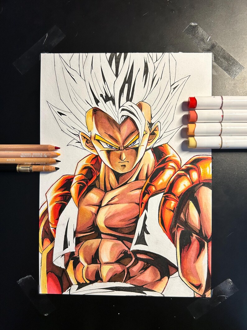 May include: A detailed illustration of a muscular character with spiky white hair and intense yellow eyes. The artwork features bold lines and vibrant colors, with orange and red accents on the character's arms and clothing. Colored pencils and markers are visible.