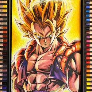 May include: A vibrant illustration of a muscular character with spiky golden hair, blue eyes, and a determined expression. The artwork features bold lines and shading, with a bright yellow background. The character is wearing a purple and orange outfit. The image is surrounded by a set of colored pencils.