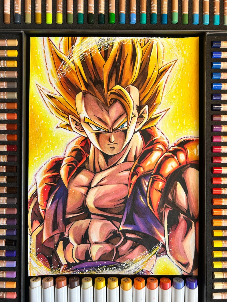 May include: A vibrant illustration of a muscular character with spiky golden hair, blue eyes, and a determined expression. The artwork features bold lines and shading, with a bright yellow background. The character is wearing a purple and orange outfit. The image is surrounded by a set of colored pencils.
