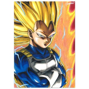 Puede incluir: Ilustración vibrante de un personaje con cabello rubio puntiagudo, vistiendo un traje azul y blanco con detalles dorados. El fondo presenta llamas naranjas y rojas con rayos azules. El personaje tiene una expresión decidida.