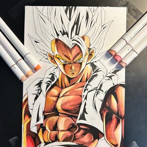 May include: A detailed illustration of a muscular anime character with spiky white hair and intense yellow eyes. The character is wearing a white outfit with black accents. The artwork is created with markers, with several markers visible in the image.