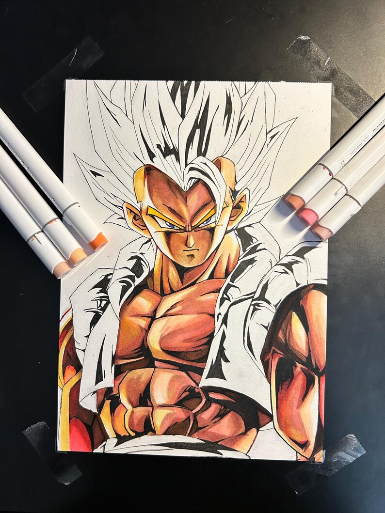 May include: A detailed illustration of a muscular anime character with spiky white hair and intense yellow eyes. The character is wearing a white outfit with black accents. The artwork is created with markers, with several markers visible in the image.