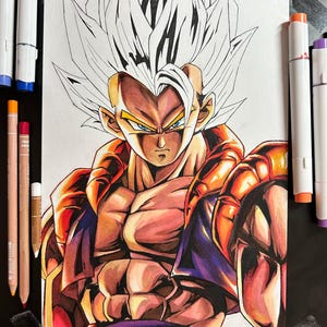 May include: A detailed illustration of a muscular anime character with spiky white hair and intense blue eyes. The character is wearing a vibrant orange and purple outfit, with detailed shading and highlights. Art supplies, including markers and pencils, are visible around the artwork.