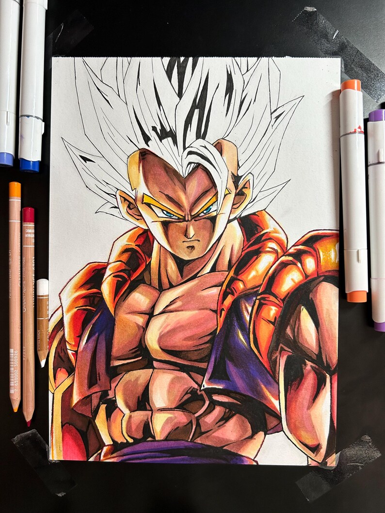 May include: A detailed illustration of a muscular anime character with spiky white hair and intense blue eyes. The character is wearing a vibrant orange and purple outfit, with detailed shading and highlights. Art supplies, including markers and pencils, are visible around the artwork.