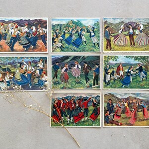 Cartes postales vintage de danse folklorique française des années 40 - Lot de 8 illustrations de costumes traditionnels des Pyrénées - Décoration rustique de montagne - Éphémères français