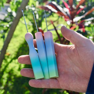 Könnte beinhalten: Drei farbenfrohe Werkzeuge mit Farbverlauf und Metallspitzen werden in einer Hand gehalten. Die Werkzeuge gehen von Rosa über Blau zu Grün über. Der Hintergrund ist eine verschwommene Ansicht von grünem Laub.