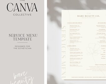 Op de afbeelding: Een service menu sjabloon voor een schoonheidsspecialiste, met de tekst "BARE BEAUTY CO." en een bloemenontwerp. Het menu bevat verschillende diensten, waaronder gezichtsbehandelingen, waxen en wimperverlengingen.
