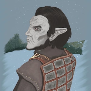 May include: A digital painting of a man with pointed ears, dark hair, and a stern expression. He is wearing a brown leather jacket with a metal plate armour on the back. The background is a snowy landscape.