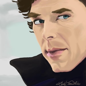 May include: A digital painting of a man with light skin, brown hair, and blue eyes. He is wearing a black collared coat. The artist's signature, "Lady Tanithia," is visible in the lower right corner.