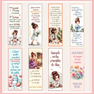 May include: A set of 10 colorful bookmarks with illustrations of women and inspirational quotes. The bookmarks feature a variety of colors, including pink, blue, green, and yellow. The quotes are about love, family, and faith. The bookmarks are perfect for adding a touch of personality to your books.
