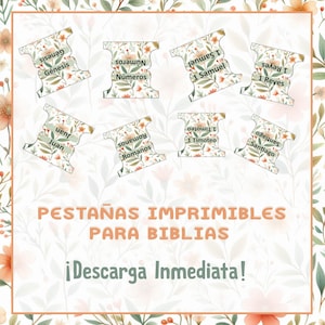 Op de afbeelding: Printbare Bijbel tabs met bloemmotieven. Elke tab is gelabeld met een boek van de Bijbel, waaronder Genesis, Numeri, 1 Samuel, 1 Koningen, Johannes, Romeinen, 1 Timoteüs en Jakobus. De tekst "PESTAÑAS IMPRIMIBLES PARA BIBLIAS" is ook zichtbaar.