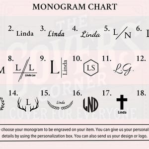 May include: A chart with 18 different monogram options for personalization. The chart includes various letter combinations, initials, and designs. The text on the chart reads "Monogram Chart" and "Please choose your monogram to be engraved on your item. You can give us your personalization details by using the personalization box. You can also send us your design or logo."