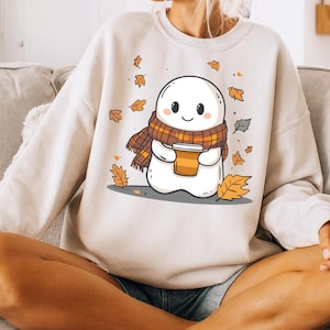Cute Ghost Coffee PNG, Cozy Autumn Ghost Clipart, Fall Pumpkin Spice PNG, Spooky Season Ghost Design, Halloween Digital Download