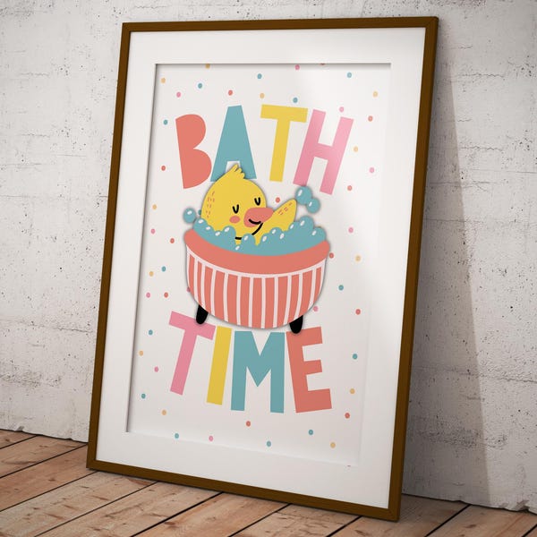Cute Bath Time Duck Print • Minimalist Duck Digital Art • Instant Download, Bathroom Poster • Bright Fun Bathroom Trendy Fun Bath Time Print