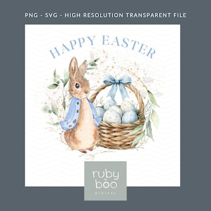 May include: A watercolor illustration of a brown bunny rabbit wearing a blue jacket holding a basket full of blue and white Easter eggs. The text "Happy Easter" is written above the bunny.
