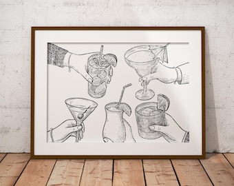 Cheers Cocktail Sketch Art Print: Retro Bar Cart Decor (Digital Download)