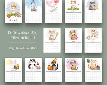 May include: A set of 13 downloadable calendar pages for 2026, each featuring a watercolor illustration of a cat in different seasonal settings. The text "13 Downloadable Files Included" and "High Resolution JPG" are also visible.