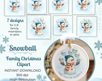 May include: A digital Christmas clipart set featuring a snowman juggling snowballs. The set includes 7 designs for families or pets. A personalized ornament with a snowman and family names is also shown. Text includes "Snowball Family Christmas Clipart".