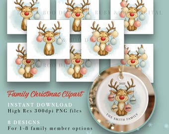May include: A collection of Christmas-themed clipart featuring a cartoon reindeer with a red nose and antlers, holding ornaments. The image includes the text "Family Christmas Clipart" and "Instant Download". The clipart is available in 8 designs for 1-8 family members.