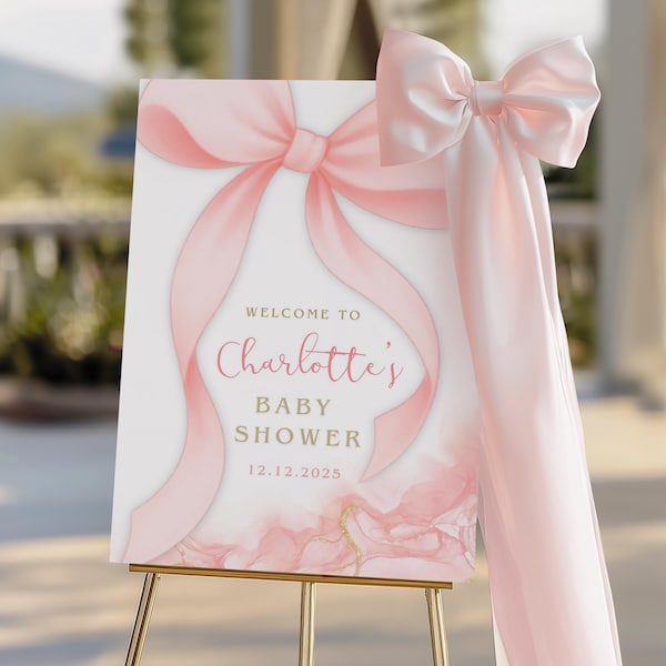 Editable Baby Shower Welcome Sign | Pink Bow Canva Template | Ribbon Girl Baby Shower Decor | Printable Baby Shower Poster, Instant Download