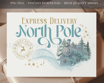 May include: A digital print featuring the words "Express Delivery North Pole" in gold and teal. A teal train is depicted with snow and pine trees. A gold stamp reads "North Pole Express Mail".