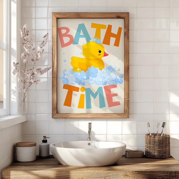 Cute Bath Time Duck Print • Minimalist Duck Digital Art • Instant Download, Bathroom Poster • Bright Fun Bathroom Trendy Aesthetic Decor