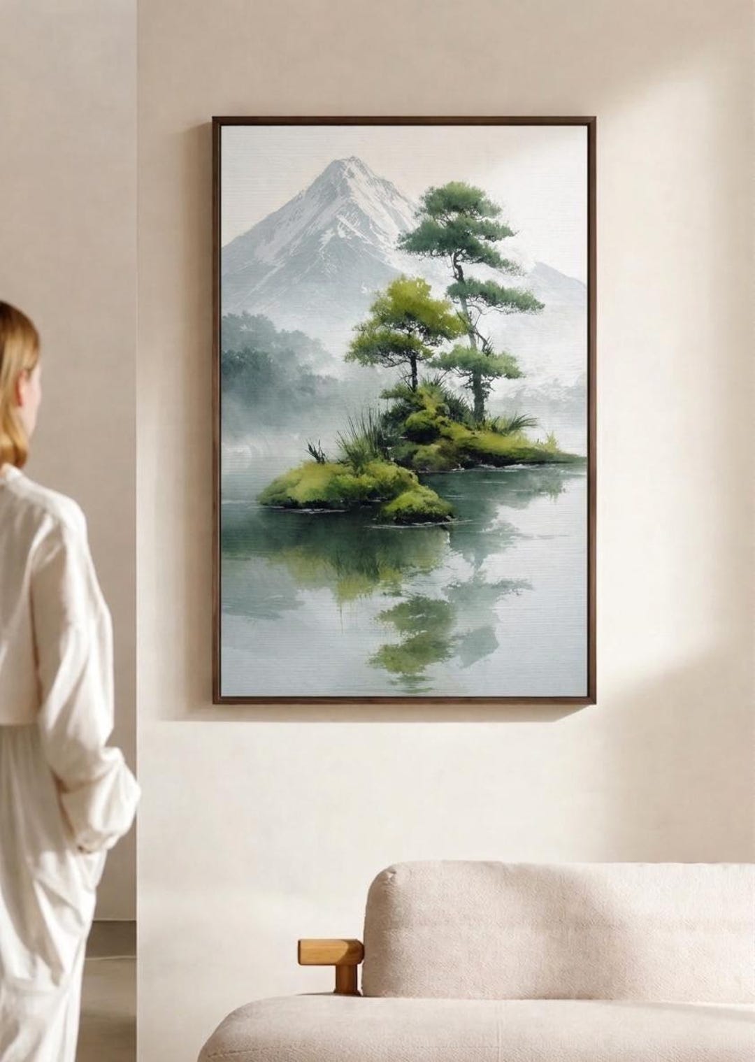 Japanese Landscape Wall Art, Zen Mountain Watercolor Painting, Large ...