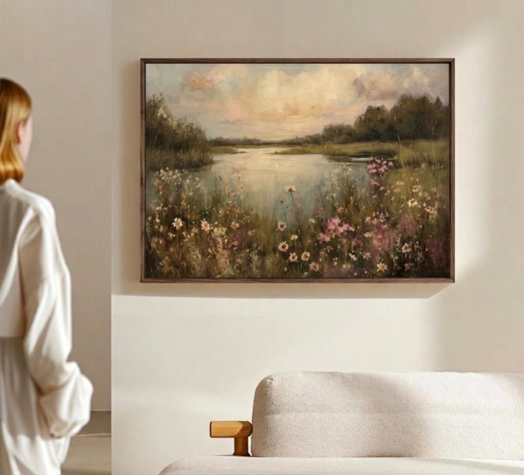Large Wildflower Meadow Oil Painting, Large Vintage Landscape Wall Art ...