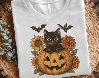 Halloween Black Cat T-Shirt – Pumpkin, Bats & Flowers Tee