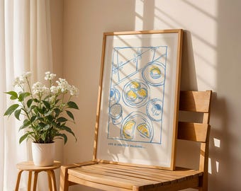 Gezellige lijnkunstdruk met ontbijtscène: abstract kleurrijk interieur