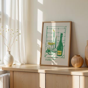 Minimalist Line Art of a Wine Bottle and Candles Poster, Abstract Colorful Modern Wall Decor, Contemporary Art for Home & Office Home Decor