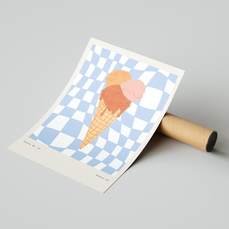 May include: Poster print featuring an ice cream cone with three scoops of ice cream in orange, brown, and pink. The cone sits on a blue and white checkered background. The words "Poster No. 24" and "Modern Art" are printed on the poster.