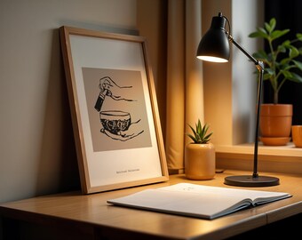 Póster minimalista de arte lineal con manos y cuencos: decoración de pared abstracta y moderna