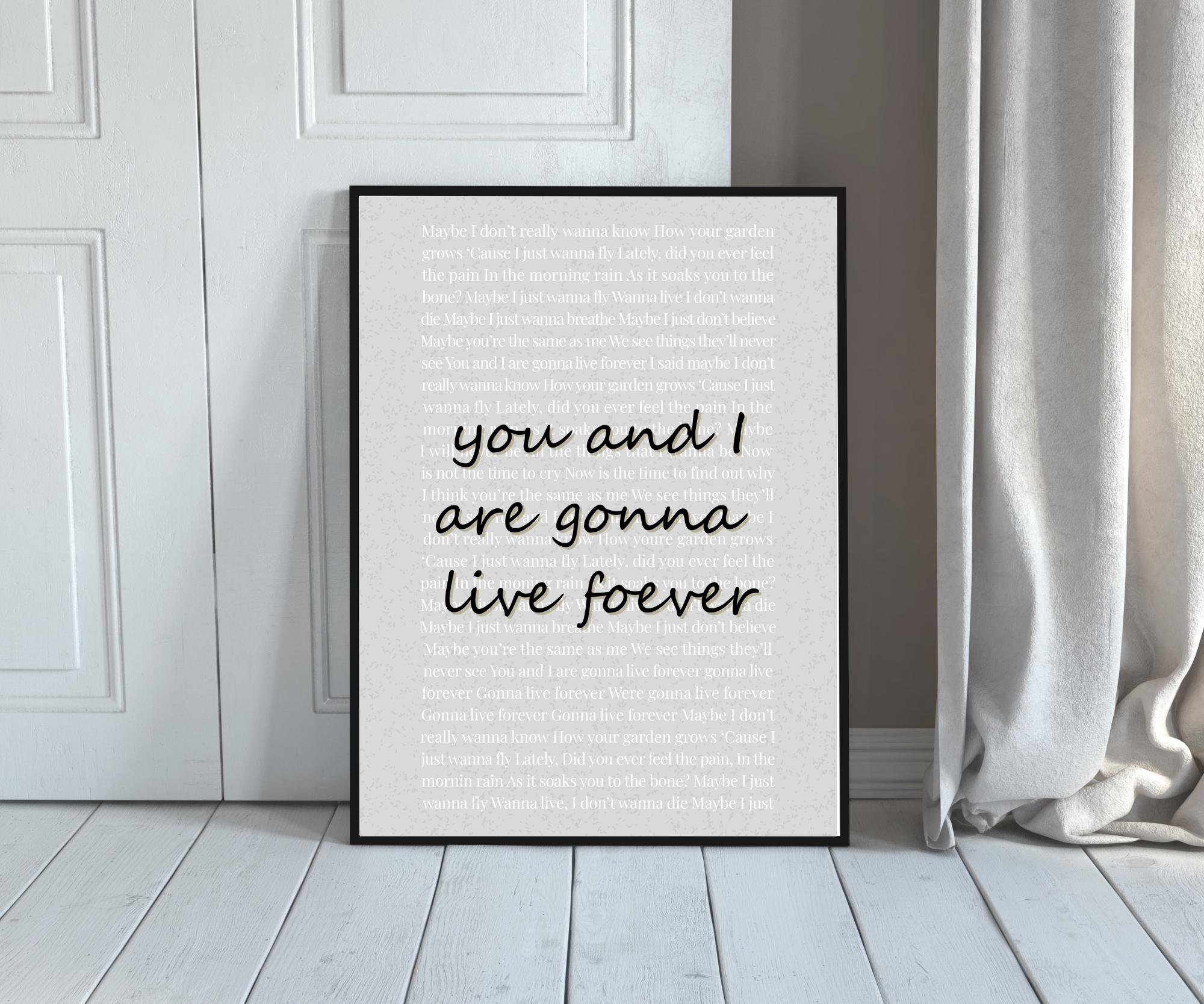 Oasis Live Forever Wall Art - Full Lyrics Digital Print - 90s Britpop Manchester Poster