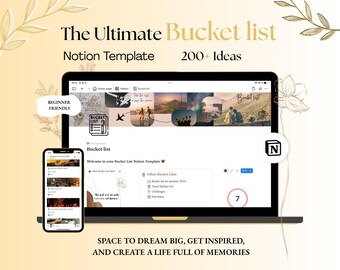 Op de afbeelding: Een digitaal Notion-sjabloon voor een bucketlist weergegeven op een laptop- en smartphonescherm. De interface bevat reisafbeeldingen, een checklist en de tekst The Ultimate Bucket list, Notion Template, 200+ Ideas en Beginner Friendly.