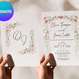 Invitación de boda floral editable - Plantilla Canva A6 de doble cara - Invitación digital imprimible con RSVP - Descarga instantánea - Tamaño A6