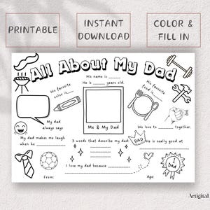 Father’s Day Printable for Kids – Horizontal A4 Coloring Activity – All About My Dad Worksheet with Icons & Questions
