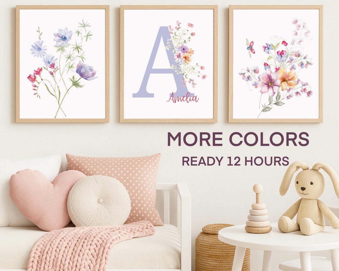 Personalized Floral Nursery Wall Art Set – Custom Baby Name Print ...