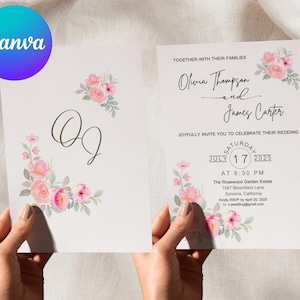 Faire-part de mariage floral modifiable - modèle toile A6 recto-verso - invitation numérique imprimable avec RSVP - téléchargement immédiat - format A6