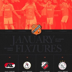 May include: A promotional graphic for FC Volendam, featuring the team's January fixtures in the Eredivisie. The design includes team logos, match dates, times, and stadium locations. The background is a vibrant red with images of players.