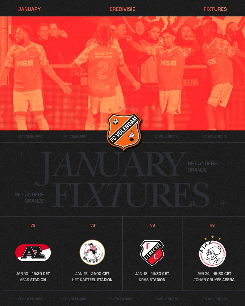 May include: A promotional graphic for FC Volendam, featuring the team's January fixtures in the Eredivisie. The design includes team logos, match dates, times, and stadium locations. The background is a vibrant red with images of players.