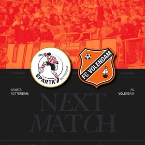 May include: A promotional graphic for a soccer match between Sparta Rotterdam and FC Volendam. The image features team logos, the text "Next Match," and details including the date, stadium, and kickoff time.