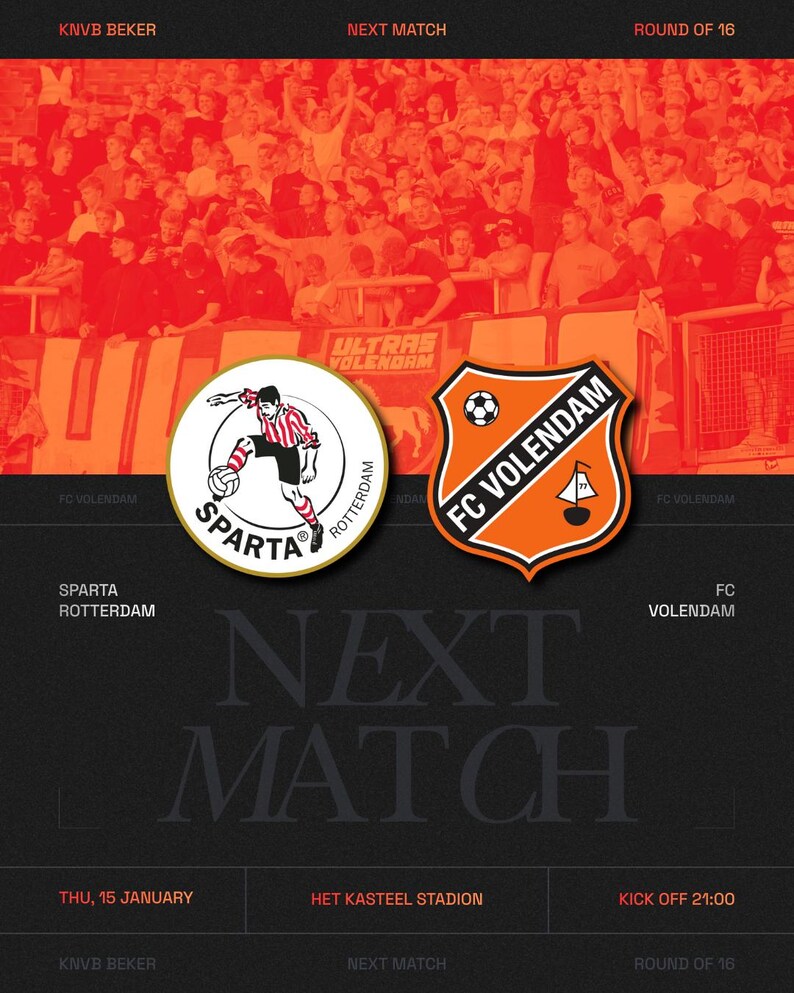 May include: A promotional graphic for a soccer match between Sparta Rotterdam and FC Volendam. The image features team logos, the text "Next Match," and details including the date, stadium, and kickoff time.